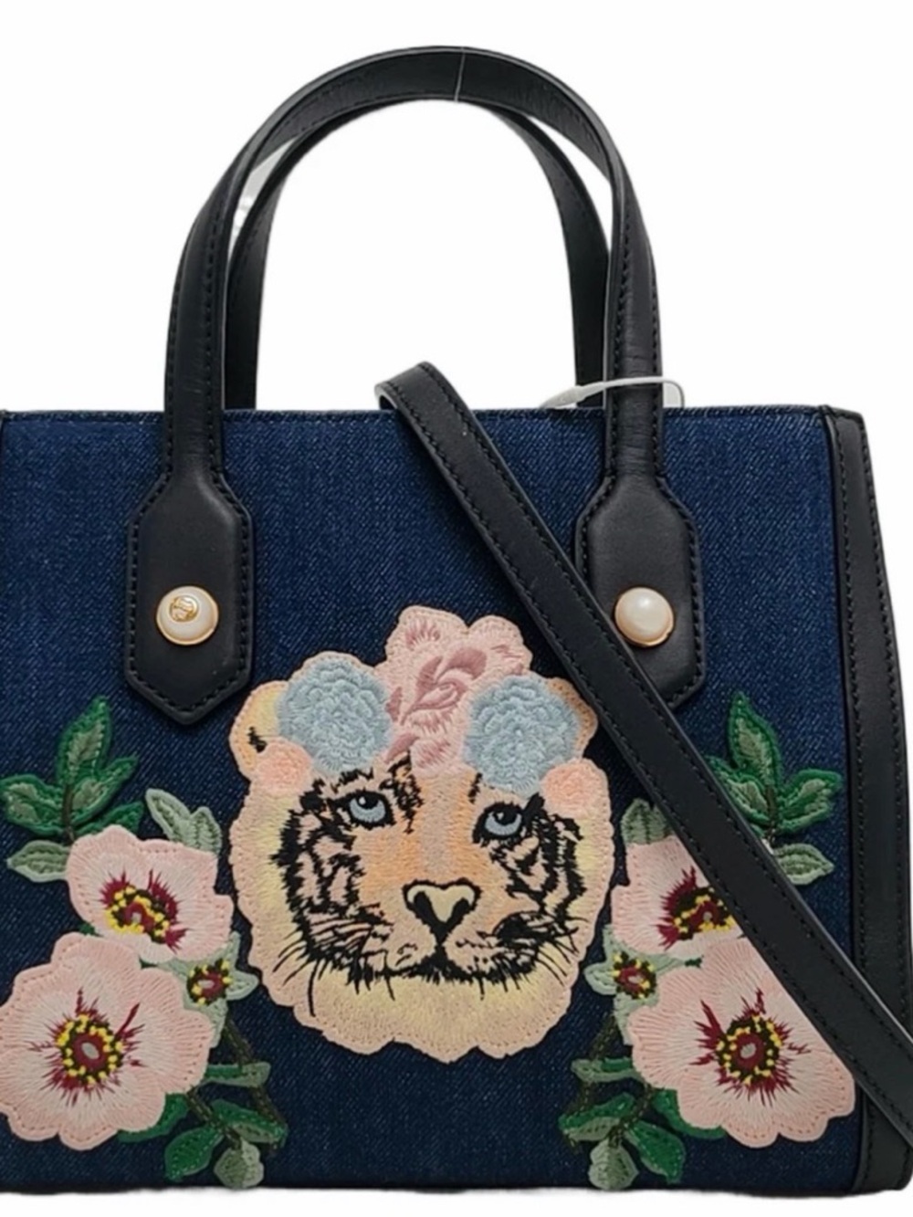 Gucci Navy Floral Tiger Satchel with Black Handles